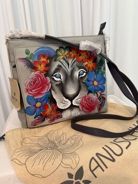 Anuschka Hand Painted Lion Floral Leather Crossbody Shoulder Bag NWT RFID